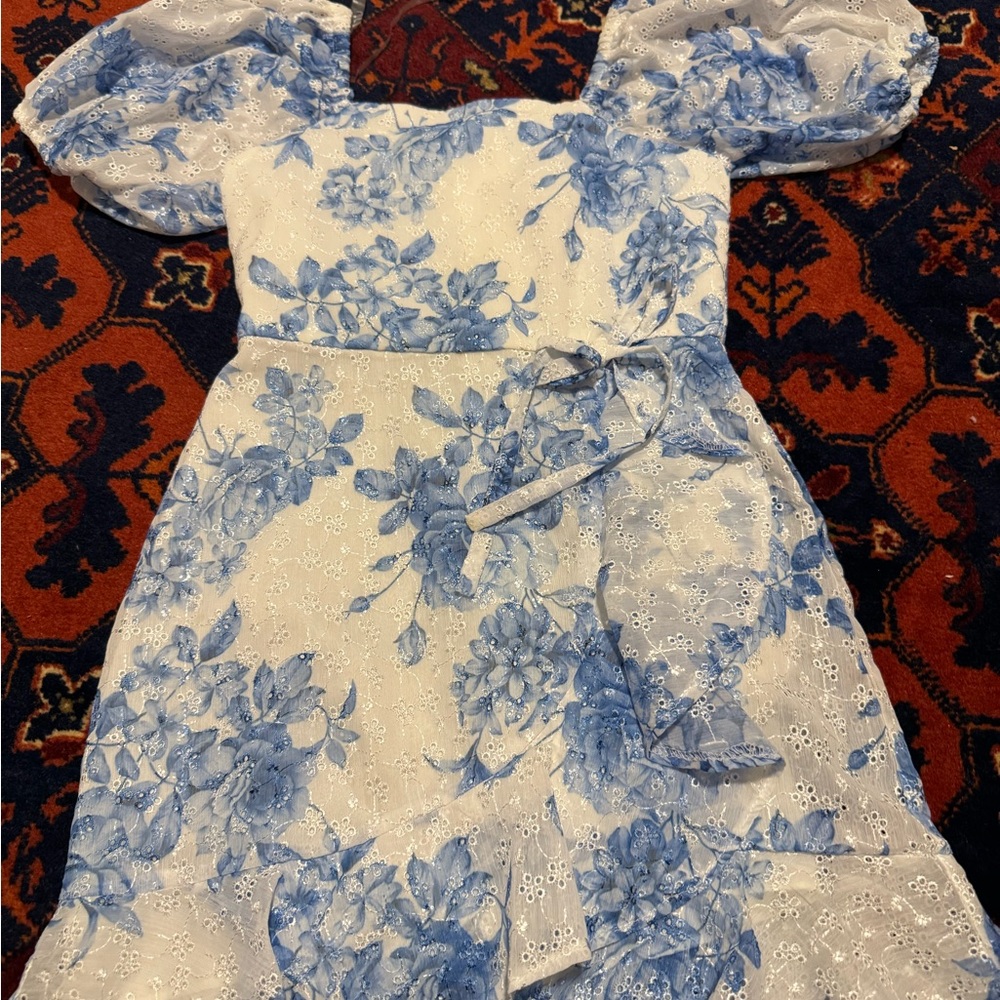 Rare Editions Blue and White Floral Kids Dress